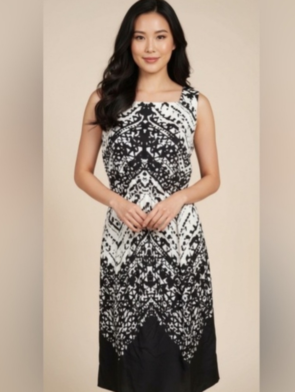 Talbots Women's 100% Silk Elegant Black And White GEOMETRIC SHIFT DRESS SIZE 12